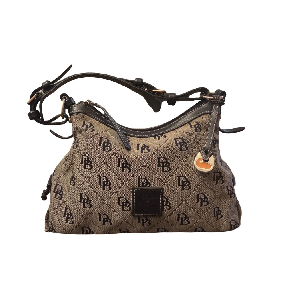 Dooney & Bourke Quilted Signature DB Monogram Canvas Shoulder Bag Tan Black
